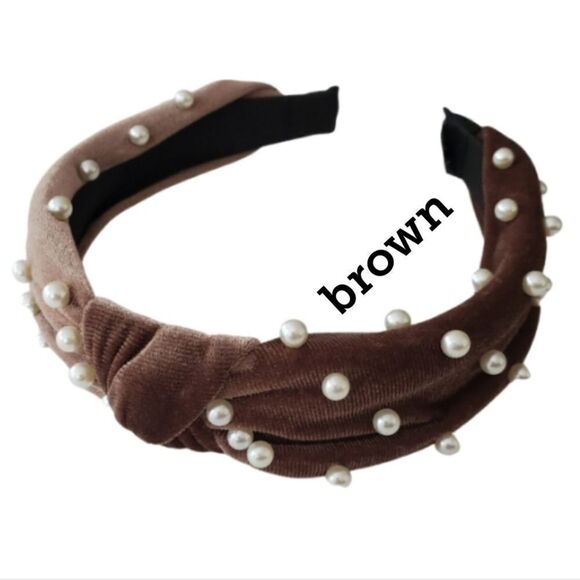 CHOOSE YOUR COLOR Pearl Studded Top Knot Velvet Headband NEW - Picture 6 of 9